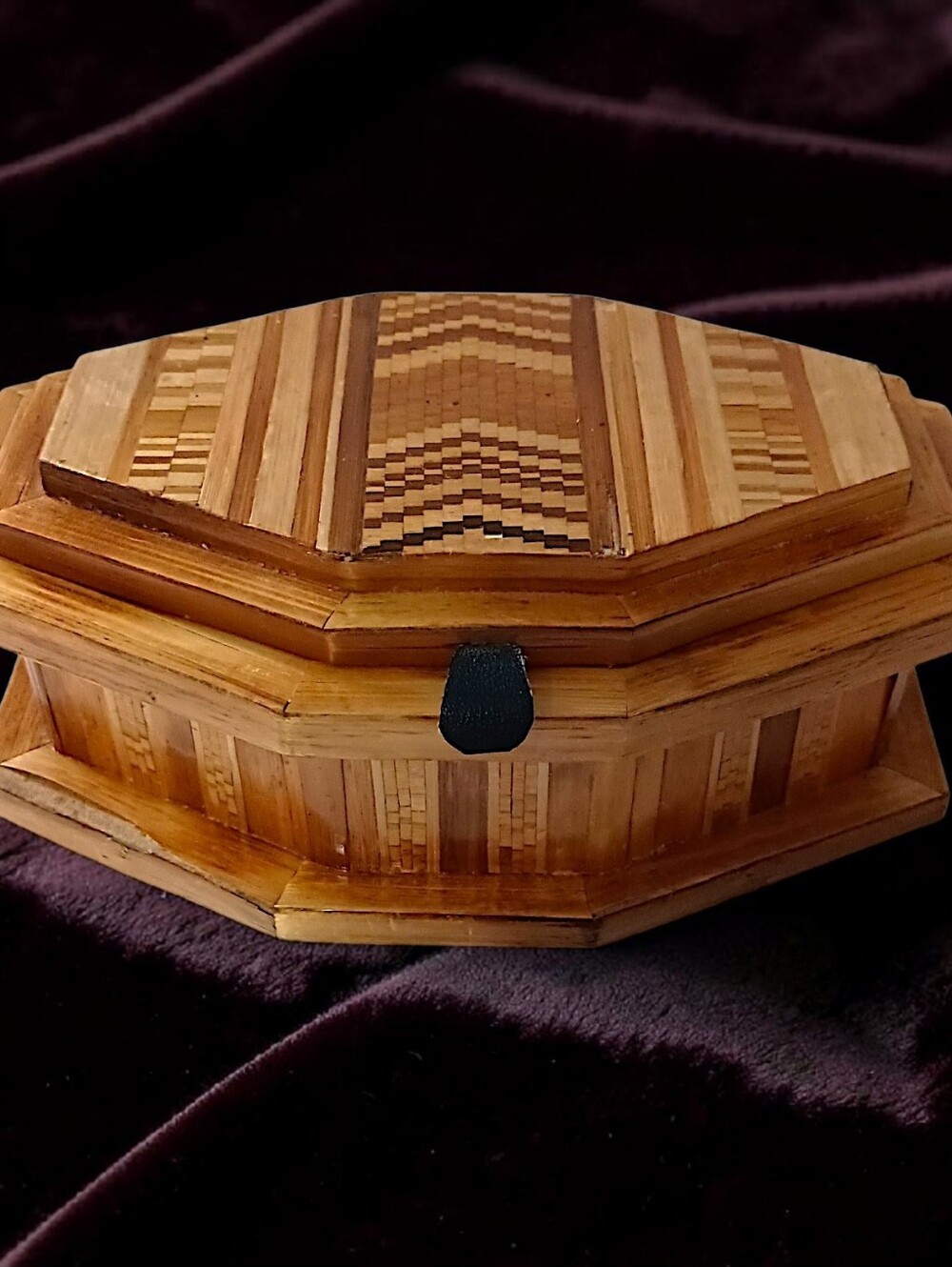 Vtg Straw Bamboo Inlaid Marquetry Trinket Jewelry Box Wood Velvet Tramp Boho